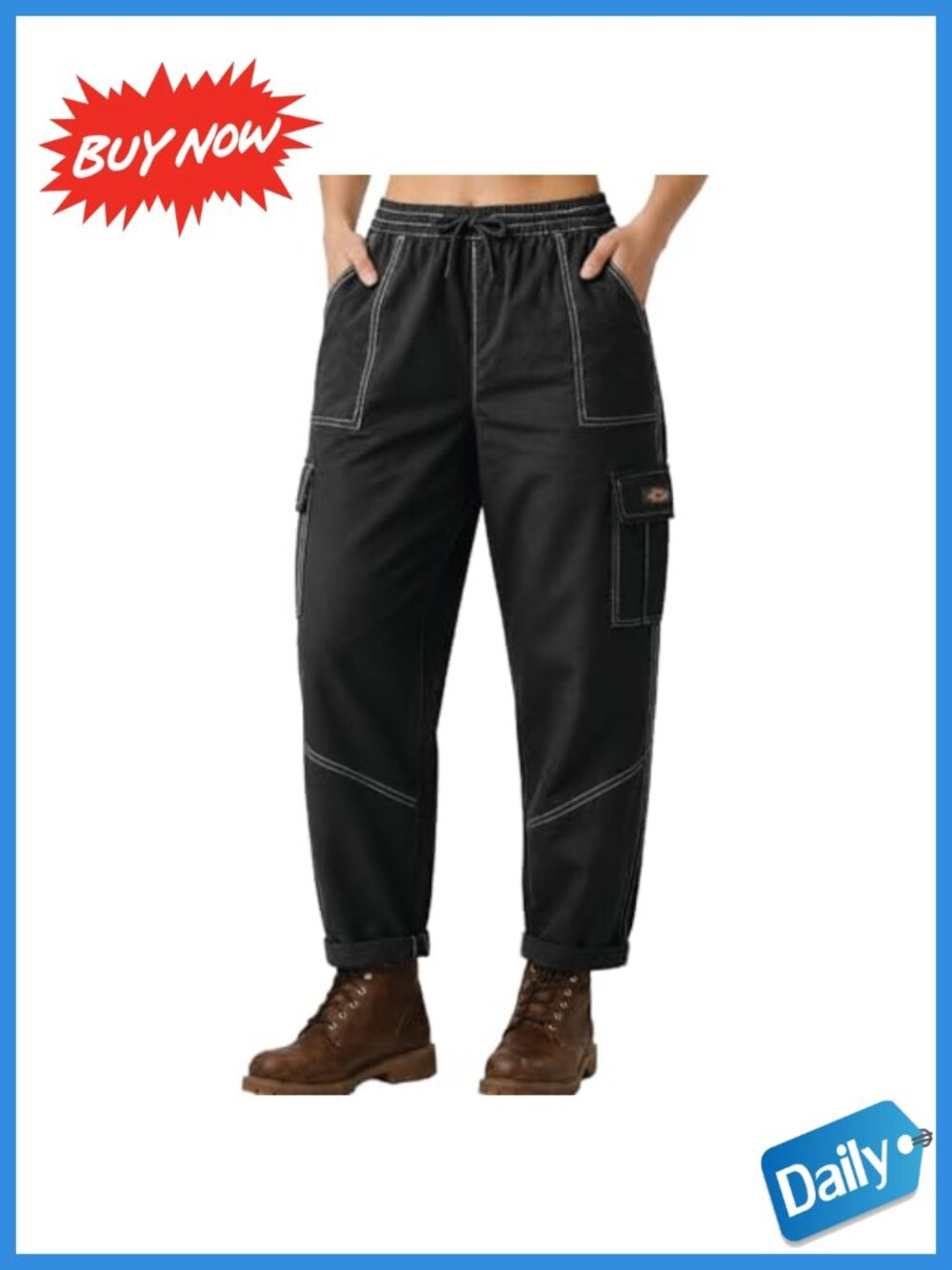 100% Cotton Twill Baggy Cargo Pants Rolled Hem High Rise